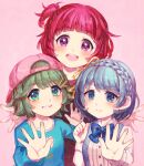 3girls amano_yae backwards_hat baseball_cap behind_another blue_bow blue_bowtie blue_eyes blue_hair blue_shirt blush bow bowtie braid closed_mouth commentary_request crown_braid dosukoi!_(napoli_no_otokotachi) fang flipped_hair green_eyes green_hair grin hair_ornament hair_ribbon hairclip hands_up hat head_tilt long_sleeves looking_at_viewer multiple_girls napoli_no_otokotachi open_hand open_hands open_mouth outstretched_arms pink_background pink_hair pink_headwear purple_eyes ribbed_shirt ribbon sasasasa shirt short_hair shuujou_mana simple_background smile spread_arms sumo suspenders urisaki_ran white_shirt yellow_ribbon 