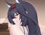  1girl :q animal_ears arknights bare_arms bare_shoulders black_hair blaze_(arknights) cat_ears commentary_request highres indoors kanta_(kanta_077) long_hair looking_at_viewer portrait red_eyes smile solo tail tank_top tissue_box tongue tongue_out very_long_hair white_tank_top 