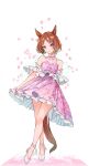  1girl alternate_costume animal_ears arm_garter bare_shoulders breasts brown_hair closed_mouth dress flower full_body high_heels highres horse_ears horse_girl horse_tail looking_at_viewer petticoat pink_dress pink_eyes reishi_(litvyak) sakura_laurel_(umamusume) short_hair skirt_hold sleeveless sleeveless_dress small_breasts smi smile solo strappy_heels tail umamusume white_background white_footwear 