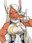  1girl animal_ears bare_shoulders boku_no_hero_academia breasts carrot covered_abs covered_navel crescent_print dark-skinned_female dark_skin food_in_mouth fur_collar gloves highleg highleg_leotard highres holding holding_carrot hs061008 large_breasts leotard long_eyelashes long_hair looking_at_viewer mirko parted_bangs pinky_out rabbit_ears rabbit_girl red_eyes sleeveless_turtleneck_leotard smile solo taut_leotard teeth toned uneven_eyes upper_body very_long_hair white_background white_gloves white_hair white_leotard 