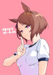  1girl animal_ears breasts brown_hair character_request hamao highres horse_ears horse_girl looking_at_viewer medium_breasts pink_background purple_eyes shirt short_hair short_sleeves simple_background smile solo t-shirt umamusume upper_body white_shirt 