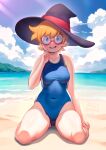  1girl beach blue_eyes blue_one-piece_swimsuit blue_sky blush breasts cloudxmoe covered_navel day glasses hat highres horizon little_witch_academia looking_at_viewer lotte_jansson medium_breasts ocean one-piece_swimsuit open_mouth orange_hair outdoors sand shiny_skin short_hair sky smile solo swimsuit witch_hat 