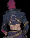  1boy belt black_background black_jacket from_behind hands_in_pockets heartsteel_kayn highres jacket kayn_(league_of_legends) league_of_legends male_focus official_alternate_costume official_alternate_hairstyle purple_hair short_hair simple_background solo standing upper_body yellow_belt zaket07 