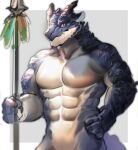  1boy abs absurdres bara blue_scales check_copyright colored_sclera completely_nude copyright_request dragon_boy dragon_horns dragon_tail fang furry furry_male highres holding holding_polearm holding_weapon horns large_pectorals looking_at_viewer male_focus muscular muscular_male navel neumo nipples no_nipples nude original out-of-frame_censoring pectorals planted polearm red_sclera short_hair slit_pupils solo stomach tail thick_eyebrows weapon 