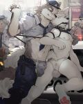  2023 absurd_res anthro anus balls bulge canid clothing detailed_background detailed_bulge duo fur genitals hi_res kiyosan male male/male mammal masturbation muscular muscular_anthro muscular_male necktie on_car police_officer police_uniform shirt topwear underwear uniform wet wet_clothing wet_underwear white_body white_fur 