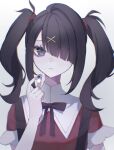  1girl ame-chan_(needy_girl_overdose) amu_(oill0) black_hair black_nails black_ribbon closed_mouth collar collared_shirt commentary_request hair_ornament hair_over_one_eye hair_tie hand_up highres holding_pill long_hair looking_at_viewer nail_polish neck_ribbon needy_girl_overdose pill purple_eyes red_shirt ribbon shirt shirt_tucked_in simple_background solo suspenders twintails upper_body white_background white_collar x_hair_ornament 