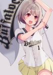  1girl absurdres arm_up baseball_uniform blush clothes_writing commentary cream_(nipakupa) flag grey_background grey_hair hand_up highres holding holding_flag looking_ahead love_live! love_live!_nijigasaki_high_school_idol_club miniskirt nakasu_kasumi open_mouth pleated_skirt red_eyes shirt short_hair short_sleeves simple_background skirt smile solo sportswear white_shirt yellow_skirt 