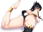  1girl anus ass bare_shoulders barefoot black_hair blush closed_mouth earrings fate/grand_order fate_(series) from_behind hair_ribbon hoop_earrings ishtar_(fate) jewelry long_hair looking_at_viewer looking_back lying on_stomach parted_bangs pussy red_eyes ribbon single_thighhigh smile solo thighhighs tiara two_side_up uncensored white_background xter 