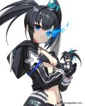  1girl bikini black_bikini black_jacket black_rock_shooter black_rock_shooter_(character) black_rock_shooter_fragment blue_eyes breasts closed_mouth commentary_request elishka_(black_rock_shooter) figure glowing glowing_eye hair_ornament holding hood hooded_jacket jacket long_hair long_sleeves looking_at_viewer medium_breasts navel nendoroid scottie_(phantom2) simple_background smile solo star-shaped_pupils star_(symbol) swimsuit symbol-shaped_pupils twintails white_background 