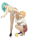  2girls aqua_hair ass bent_over black_footwear blazer blonde_hair blush breasts clothes_lift from_behind full_body green_eyes high_heels highres jacket medium_breasts medium_hair multiple_girls office_lady open_mouth original panties pantyhose pantyshot pencil_skirt red_eyes sekoshi_(some1else45) shirt shirt_tucked_in simple_background skirt skirt_lift some1else45 squatting underwear white_background white_shirt 