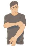  1boy adjusting_sleeves annoyed bara cropped_legs glasses light_frown original pubic_stubble qingwaoo_liao revealing_tanlines shirt sideburns solo t-shirt tan tanlines thick_eyebrows white_background 