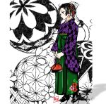  1girl ball black_hair blush brown_eyes closed_mouth floral_print full_body green_hakama hair_ornament hakama hakama_skirt japanese_clothes kimono long_sleeves maiwashi0922 medium_hair original print_hakama print_kimono signature skirt solo standing taishou temari_ball wide_sleeves yagasuri yukata 