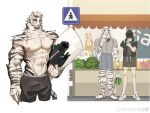  3boys abs alternate_costume animal_ears arknights artist_request bag bara body_pillow carrying carrying_under_arm collage cup dakimakura_(object) disposable_cup doctor_(arknights) expressionless facial_hair food fruit furry furry_male furry_with_non-furry goatee highres holding_hands hung_(arknights) interspecies large_hands large_pectorals looking_at_viewer male_doctor_(arknights) male_focus mountain_(arknights) multiple_boys muscular muscular_male nipples pectorals pillow scar scar_across_eye scar_on_arm shopping_bag short_hair shorts stomach thick_eyebrows tiger_boy tiger_ears topless_male veins veiny_arms watermelon white_hair yaoi 