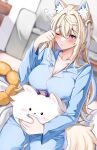  animal_ear_fluff animal_ears bed bedroom blanket blonde_hair blue_hair blue_pajamas breasts cleavage curtains dog_ears dog_girl fuwawa_abyssgard hair_ornament highres hololive hololive_english indoors large_breasts long_hair multicolored_hair multiple_girls navel on_bed pajamas pillow pink_eyes rissa_(user_chiwa2385) streaked_hair virtual_youtuber waking_up 