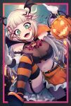  1girl belt belt_buckle breasts buckle candy fangs food frills green_eyes hair_ornament hairclip halloween_bucket highres indie_virtual_youtuber large_breasts navel poifuru shigure_mito skirt solo sweat thigh_strap thighhighs 