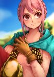  1girl aosora2823 armor bikini_armor braid braided_ponytail brown_gloves bruise cape closed_mouth commentary gladiatrix gloves green_cape helmet highres injury long_hair low_ponytail one_piece outdoors pink_hair ponytail rebecca_(one_piece) sidelocks signature solo 