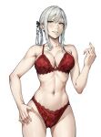  1girl aranea_highwind blue_eyes bra breasts commentary commission cowboy_shot english_commentary final_fantasy final_fantasy_xv grey_hair hand_up jamjamstyle large_breasts looking_at_viewer medium_hair navel panties red_bra red_panties revision solo standing underwear underwear_only white_background 