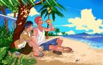  2boys absurdres beach belt black_belt black_hair blue_shorts blue_sky bottle brown_shorts chain-link_fence coconut contrail drinking fence from_side hawaiian_shirt highres holding holding_bottle knees_up male_focus mito_youhei multiple_boys orange_hair palm_tree rock sakuragi_hanamichi sandals shirt shore short_hair shorts sitting sky slam_dunk_(series) tank_top tree white_shirt zosunn 