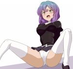  1girl agent_aika aika_(series) ascot black_delmo black_delmo_leader black_jacket black_skirt bob_cut breasts brown_eyes cameltoe clam_curry commentary_request crotch_seam delmogeny_uniform highres jacket juliet_sleeves long_sleeves medium_breasts panties pleated_skirt puffy_sleeves purple_hair red_ascot short_hair sitting skirt solo spread_legs thighhighs underwear uniform white_panties 