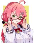  1girl absurdres ahoge bell blush collared_shirt glasses highres hololive jingle_bell jrpulse long_hair long_sleeves looking_at_viewer low_twintails neck_bell official_alternate_costume pink_hair red-framed_eyewear sakura_miko sakura_miko_(3rd_costume) shirt smile solo twintails virtual_youtuber 