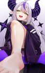  1girl :d ahoge barefoot blurry braid coat depth_of_field dot_keter grey_hair highres hololive horns la+_darknesss la+_darknesss_(1st_costume) long_hair looking_at_viewer multicolored_hair open_mouth pointy_ears purple_hair smile solo streaked_hair very_long_hair virtual_youtuber yellow_eyes 