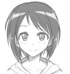  1girl blush bob_cut casual close-up closed_mouth collarbone commentary cyde greyscale hood hood_down hoodie looking_at_viewer love_hina maehara_shinobu monochrome portrait short_hair simple_background sketch smile solo white_background 