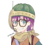  1girl blue_eyes chrono_trigger fancy_yasan glasses helmet looking_at_viewer lucca_ashtear purple_hair scarf short_hair simple_background smile solo twitter_username white_background 