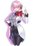  1girl :o absurdres android black_bow bob_cut bow breasts cosplay cowboy_shot crossover fate/grand_order fate_(series) glasses hair_over_one_eye hand_up highres humagear_headphones hydra_(mhydraaprilli) index_finger_raised is_(kamen_rider_01) is_(kamen_rider_01)_(cosplay) kamen_rider kamen_rider_01_(series) large_breasts long_bangs looking_at_viewer mash_kyrielight nail_polish open_mouth pantyhose pink_eyes pink_hair robot_ears signature simple_background skirt solo white_background 