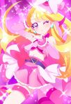  1girl :o arm_up blonde_hair blowing_kiss blush bow bracelet cure_butterfly hair_ornament highres hijiri_ageha hirogaru_sky!_precure jewelry large_bow leg_belt light_blush long_hair long_sleeves looking_at_viewer matatabi_hibiki midriff navel one_eye_closed parted_lips pink_background pink_eyes pink_skirt precure purple_eyes shirt skirt solo sparkle sparkle_background thighs 