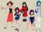  5girls :d black_footwear black_shirt boots brown_hair buttons character_name cissy_(pokemon) clenched_hand closed_mouth coat commentary_request flats giselle_(pokemon) green_hair grey_footwear half-closed_eyes hand_on_own_hip highres jewelry knhrpnkt long_hair long_sleeves loose_socks multiple_girls necklace one-piece_swimsuit open_clothes open_coat open_mouth outstretched_arm pants philena_ivy pleated_skirt pokemon pokemon_(anime) pokemon_(classic_anime) purple_hair sabrina_(pokemon) shirt shoes short_sleeves skirt sleeveless sleeveless_shirt smile socks suzie_(pokemon) swimsuit thigh_boots twitter_username watermark white_footwear white_pants white_socks 