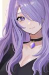  1girl alternate_costume black_shirt breasts camilla_(fire_emblem) cleavage closed_mouth collarbone commentary_request commission fire_emblem fire_emblem_fates hair_over_one_eye highres large_breasts long_hair looking_at_viewer one_eye_covered purple_eyes purple_hair shirt skeb_commission smile solo very_long_hair wavy_hair yuurururun 