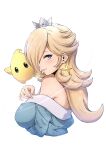  1girl absurdres aqua_dress bare_shoulders blonde_hair blue_eyes breasts crown dress earrings hair_over_one_eye highres jewelry large_breasts long_hair luma_(mario) mario_(series) nijizuki_shino rosalina smile star_(symbol) star_earrings super_mario_galaxy upper_body very_long_hair white_background 