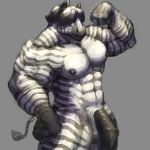  2015 anthro basashi_(nommz) big_abs big_biceps big_pecs big_penis big_quads black_and_white_body black_and_white_fur black_hair black_hands black_nipples digital_media_(artwork) equid equine fist fur genitals gloves_(marking) grey_background hair hair_over_eyes hi_res male mammal markings muscular muscular_anthro muscular_male nipples nommz pecs penis simple_background solo striped_body striped_fur stripes tail zebra 