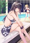  2girls absurdres bikini black_bikini black_choker black_hair blonde_hair breasts choker closed_mouth crossed_legs elbow_rest fang hairband highres indoors kasumigaoka_utaha large_breasts long_hair looking_at_another looking_at_viewer multiple_girls navel open_mouth poolside red_bikini red_eyes saenai_heroine_no_sodatekata sarong sawamura_spencer_eriri scrunchie sitting small_breasts smile solo_focus stomach swimsuit thighs twintails v-shaped_eyebrows white_hairband window wrist_scrunchie yanagi_marie 