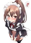  !? 1girl alternate_costume apron black_dress black_thighhighs brown_eyes brown_hair dress enmaided feet_out_of_frame frilled_apron frilled_dress frills from_above highres kantai_collection looking_at_viewer maid maid_headdress ponytail simple_background solo spoken_interrobang thighhighs tray white_apron white_background zarashi zuihou_(kancolle) 
