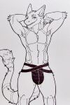  2023 anthro black_and_white clothing hands_behind_head hi_res line_art male monochrome nameless00 sergal simple_background solo standing underwear white_background 