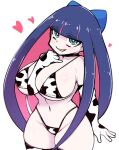  1girl animal_print black_choker black_hair blue_bow bow breasts choker cleavage colored_inner_hair commentary cow_print cow_print_bikini cowboy_shot elbow_gloves gloves groin hair_bow haseru_(ginku_mh) heart hime_cut long_hair looking_at_viewer multicolored_hair open_mouth panty_&amp;_stocking_with_garterbelt simple_background solo stocking_(psg) symbol-only_commentary thighhighs two-tone_hair white_background 