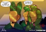  anthro artietheartbull blush donatello_(tmnt) english_text group male male/male mask michelangelo_(tmnt) muscular muscular_anthro muscular_male open_mouth raphael_(tmnt) reptile scalie shell simple_background teenage_mutant_ninja_turtles text trio turtle 