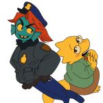  2023 alphys anthro blue_body blue_scales blush blush_lines clothing crescendeon duo eyewear female fish glasses hair hand_in_pocket hi_res marine pockets police_uniform red_hair reptile scales scalie simple_background size_difference undertale_(series) undyne uniform white_background yellow_body yellow_scales yellow_sclera 