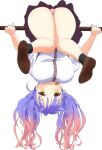  1girl :3 black_socks blue_hair blue_nails blush breasts brown_footwear brown_skirt closed_mouth commentary ear_piercing eyelashes full_body gradient_hair gyaru hair_between_eyes hair_spread_out hanging_breasts highres holding holding_pole knees_together_feet_apart kogal kohibari_kurumi komatsu_(sakanae) large_breasts legs loafers long_hair long_sleeves looking_at_viewer multicolored_hair nail_polish panties panty_peek piercing pink_hair pink_panties pole shirt shoes simple_background skirt sleeves_rolled_up smile socks solo somersault straight-on suspender_skirt suspenders tenshi_souzou thighs twintails underwear upside-down wavy_hair white_background white_shirt yellow_eyes yellow_nails 