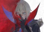  1boy armor artist_name black_cape black_shirt blonde_hair blue_cape blue_eyes cape covering_mouth dainsleif_(genshin_impact) genshin_impact hair_between_eyes hand_on_own_face hand_up highres kaimochi0839 long_sleeves looking_at_viewer male_focus red_background shirt short_hair shoulder_armor solo star-shaped_pupils star_(symbol) sweatdrop symbol-shaped_pupils two-sided_cape two-sided_fabric upper_body user_pjag7235 v-shaped_eyebrows white_background 
