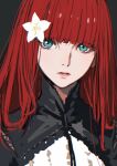  black_background black_shirt blue_eyes blunt_bangs d.k expressionless flower hair_flower hair_ornament head_tilt long_hair looking_at_viewer nier:automata nier_(series) popola portrait red_hair shirt white_flower white_shirt 