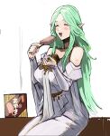  1girl bare_shoulders blush breasts dress eating fire_emblem fire_emblem:_three_houses food green_hair highres holding holding_food ice_cream large_breasts long_hair open_mouth pointy_ears popsicle rhea_(fire_emblem) sidelocks sitting sleeveless sutekina_yari white_dress 