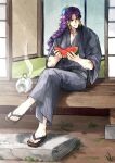  1boy :t alternate_hairstyle battle_tendency braid earrings eating flower food fruit gedoooo hair_flower hair_ornament horns japanese_clothes jewelry jojo_no_kimyou_na_bouken kars_(jojo) kayari_buta kimono long_hair low-tied_long_hair male_focus pinstripe_pattern purple_hair sandals single_braid solo striped veranda watermelon yukata 