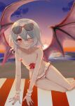  1girl ;) bat_wings breasts cleavage cloud commentary english_commentary eyewear_on_head feet_out_of_frame fingernails gradient_sky grey_hair highres horizon kuro_wa_shinoru long_fingernails looking_at_viewer navel one_eye_closed red_eyes red_nails remilia_day remilia_scarlet short_hair sky small_breasts smile solo star_(sky) starry_sky sunglasses touhou wings wrist_cuffs 