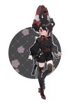  1boy animal_ear_fluff animal_ears black_bow black_hair black_ribbon black_shirt black_shorts black_thighhighs bow dated_commentary full_body hair_between_eyes hair_bow highres long_sleeves male_focus neck_ribbon open_mouth original outline ozureiji rabbit_boy rabbit_ears rabbit_tail red_bow red_eyes red_footwear red_ribbon ribbon shirt short_hair shorts solo tail thighhighs white_outline 