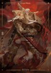  1boy absurdres artist_name blood bolter cape chainsword character_name dated ginias grey_eyes highres imperial_fists power_armor primarch purity_seal rogal_dorn solo warhammer_40k weapon white_hair 
