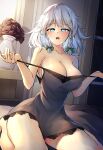  1girl :o \||/ absurdres alternate_costume bare_legs bare_shoulders barefoot blue_eyes blush bow braid breasts cleavage commentary_request dress flower green_bow grey_dress grey_hair hair_bow hair_ribbon hands_up highres indoors izayoi_sakuya large_breasts looking_at_viewer medium_hair no_headwear on_bed open_mouth red_flower red_rose ribbon rose rushigi0 sidelighting sitting solo strap_pull teeth touhou tress_ribbon twin_braids undressing upper_teeth_only vase wariza window 