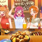  3girls 4girls :d aisaki_emiru alcohol beer beer_mug brown_hair brown_shirt camisole closed_eyes collar cup drinking_glass earrings egg_(food) food frilled_collar frilled_sleeves frills holding holding_food index_finger_raised indoors izakaya jewelry kebab kibou_no_chikara_~otona_precure_&#039;23~ layered_clothes long_hair medium_hair mishou_mai monster_rally mug multiple_girls natsuki_rin necklace open_mouth orange_hair orange_shirt out_of_frame plate pointing ponytail potato precure purple_hair red_hair ribbed_shirt shirt short_hair sleeveless sleeveless_shirt smile sparkle turtleneck two_side_up v-shaped_eyes watch white_camisole white_shirt wristwatch yumehara_nozomi 