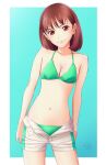  1girl animification bikini breasts brown_eyes brown_hair cleavage closed_mouth green_bikini hayami_sena highres lips long_hair looking_at_viewer mashin_sentai_kiramager mole mole_under_mouth navel nori_(norimakigumo) smile solo standing super_sentai swimsuit undressing 